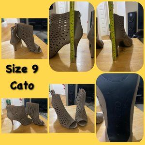Cato open toes tan ankle boots, 3.5” heels